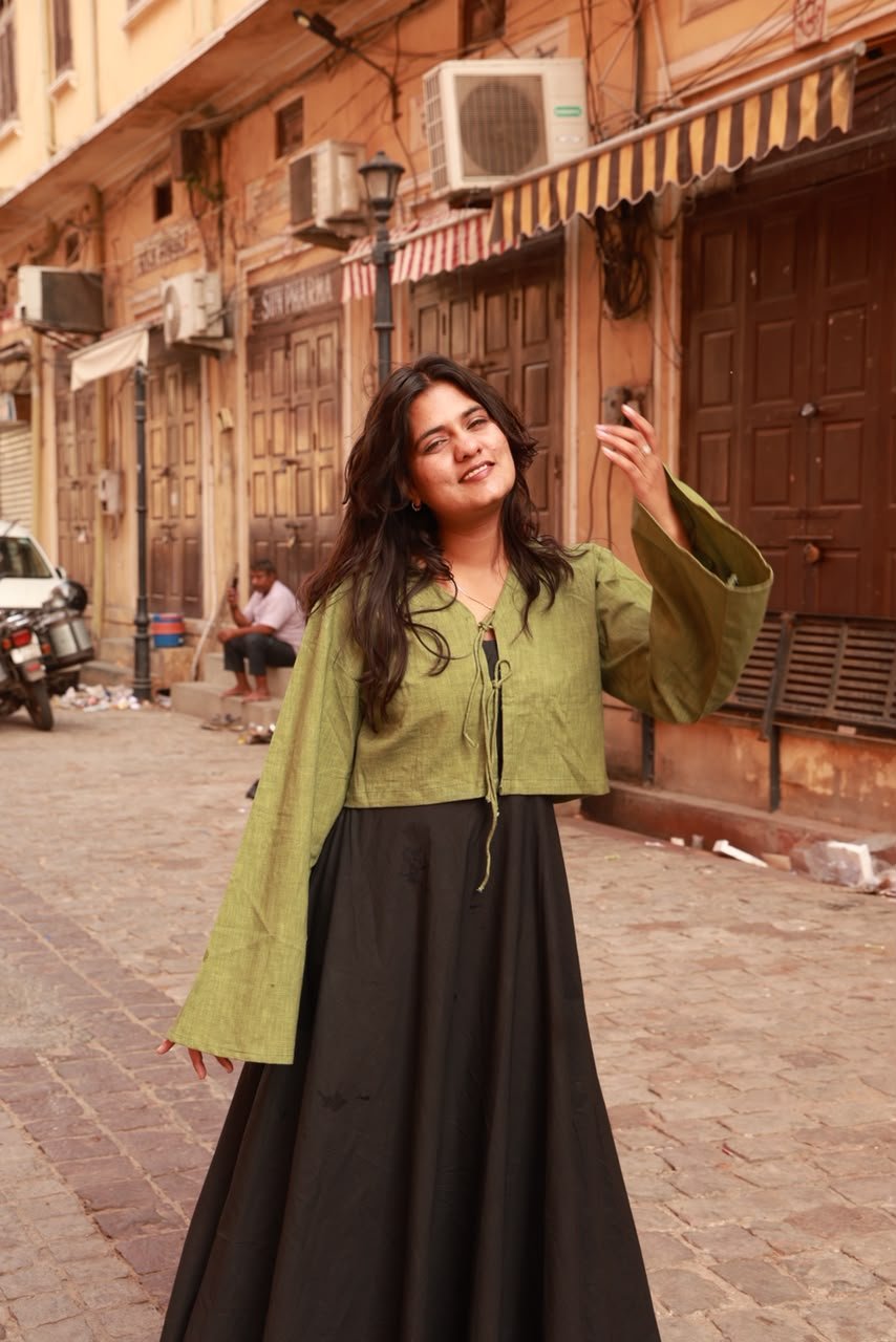 Black panel dress with olive bell sleeve crop top pure linen with cute details