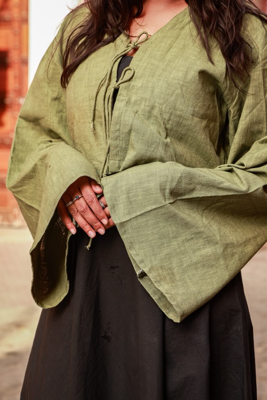 Black panel dress with olive bell sleeve crop top pure linen with cute details view 3