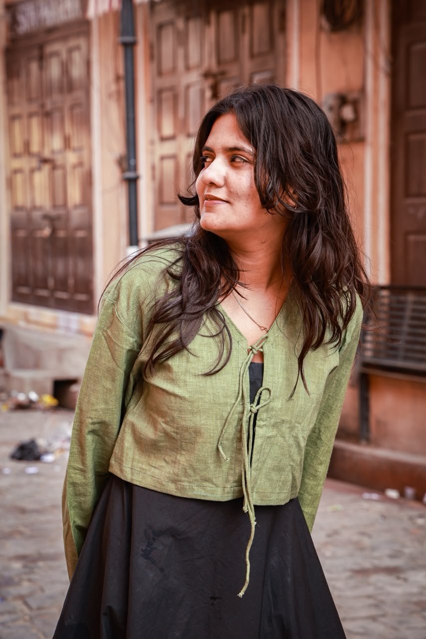 Black panel dress with olive bell sleeve crop top pure linen with cute details view 4