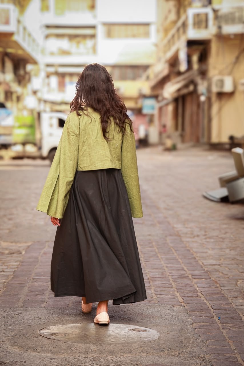 Black panel dress with olive bell sleeve crop top pure linen with cute details view 5