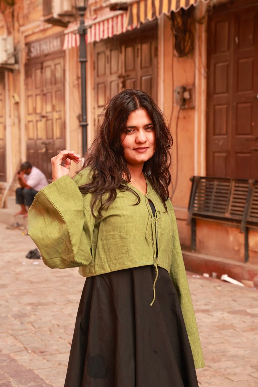 Black panel dress with olive bell sleeve crop top pure linen with cute details alternate view