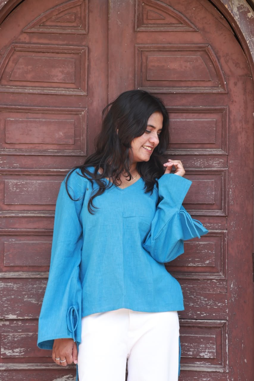 Linen blue bell sleeve top with cute detailings view 3