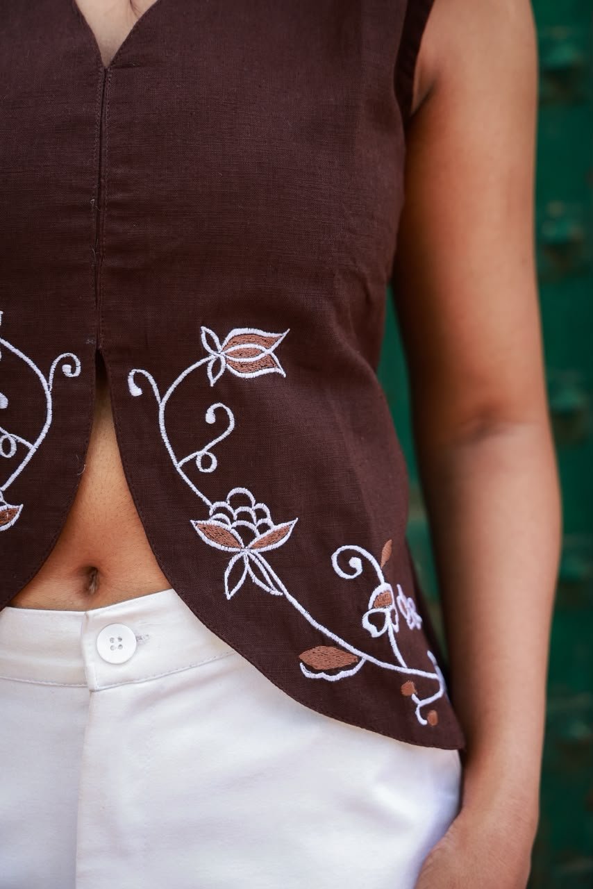 Linen corset back top with embroidery detail view 4